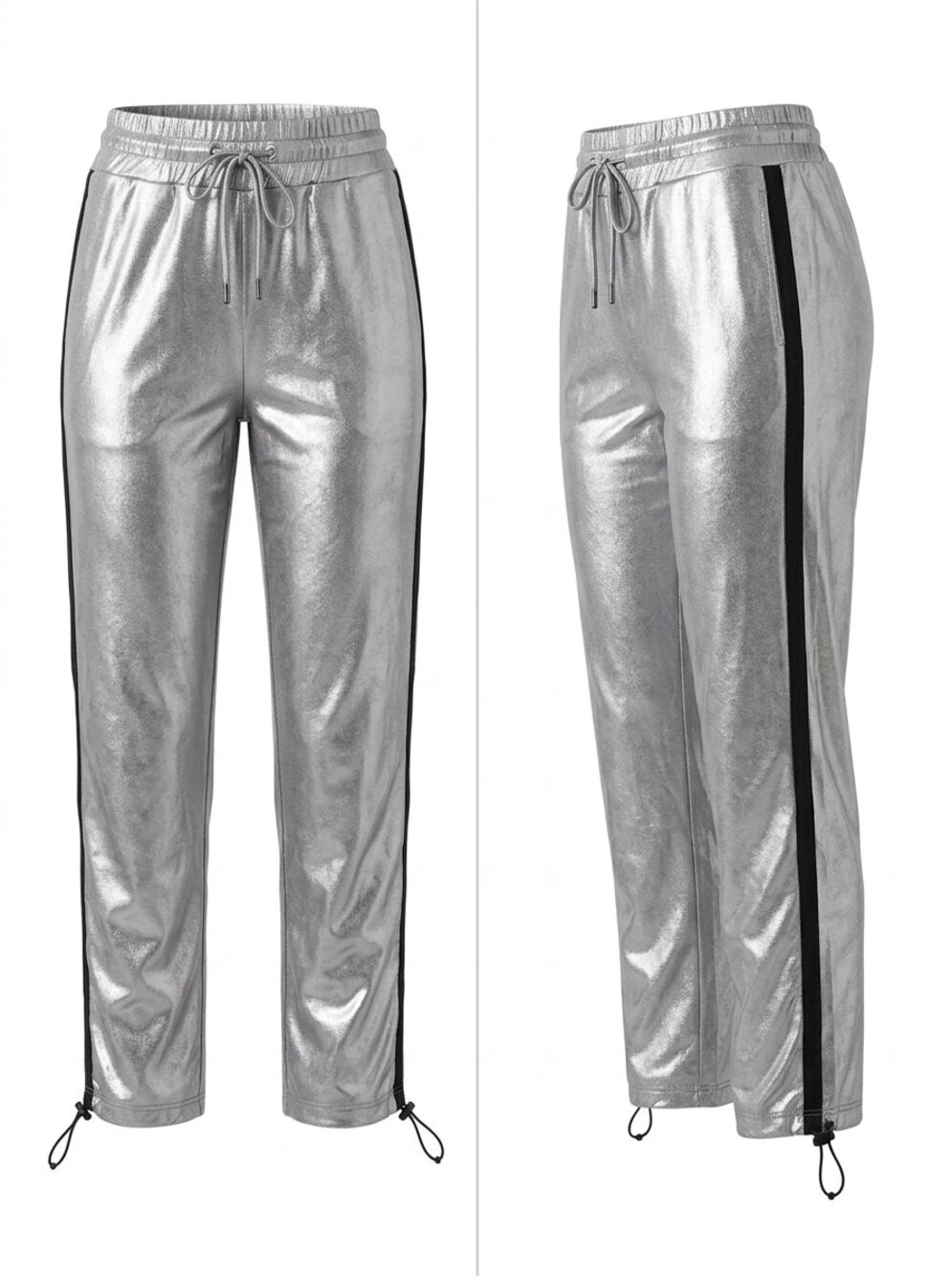 bebe Smart Metallic Silver Drawstring Side Stripe Pants Women Size S